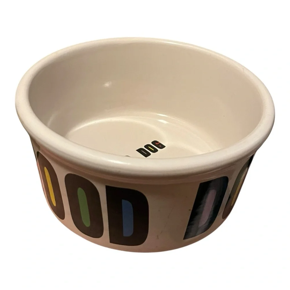 Ceramic Dog Bowl White Large Black block letters GOOD DOG Primary color Interior
